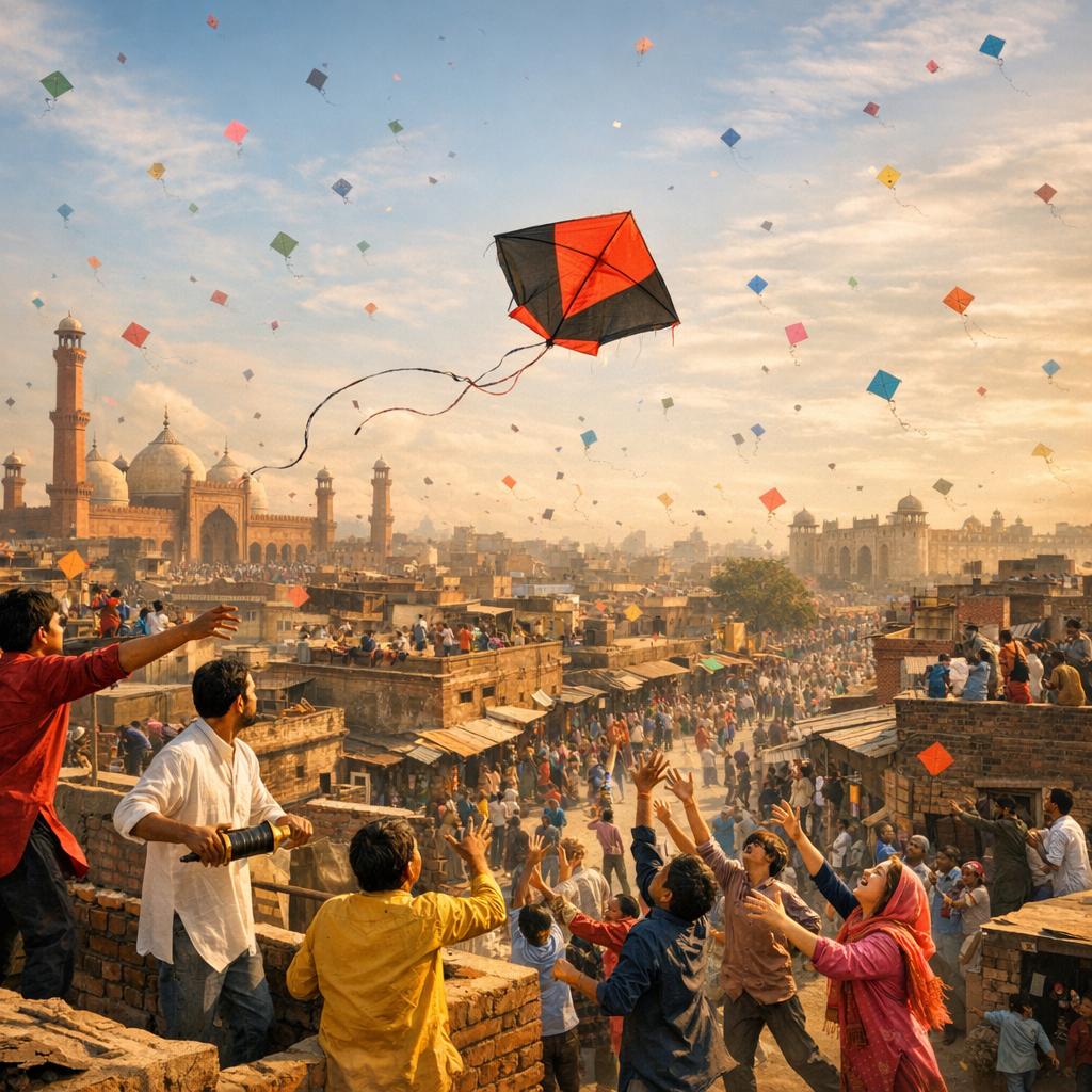 Cut kite floating horizontally as people chase it during Basant
